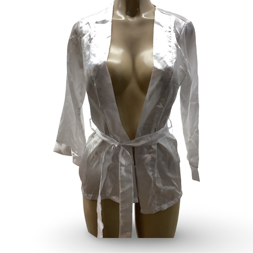 Vintage White Satin Robe with Tie & Thong